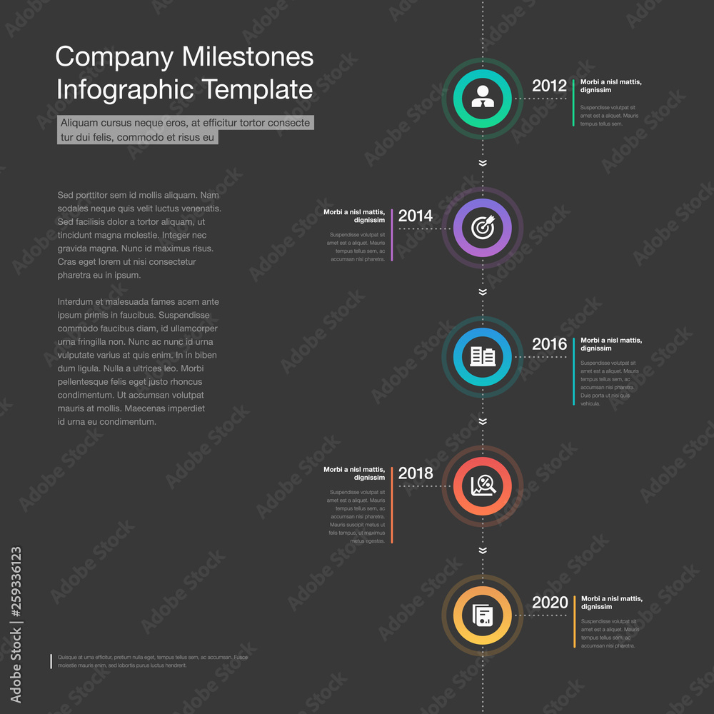 Poster modern infographic for company milestones timeline with colorful circles, glyph icons and place for 