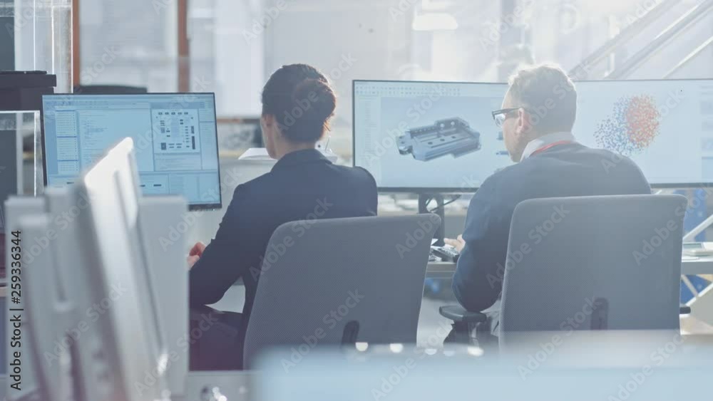 Poster Back View of Team of Technology Engineers Working on Desktop Computers in Bright Office. Screens Show IDE / CAD Software, Implementation of Machine Learning, Neural Networking and Cloud Computing
