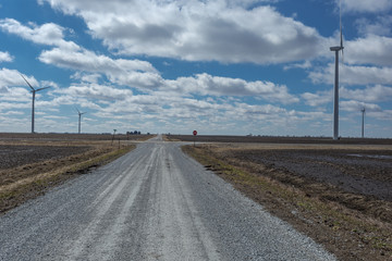 Fototapeta na wymiar Long dirt country road leading to open skies in midwestern farm country
