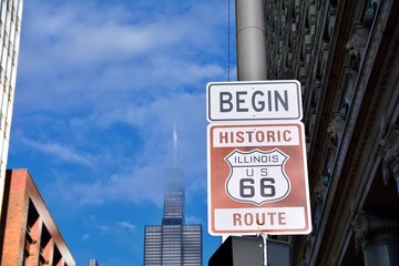 Route 66 sign, the beginning of historic Route 66.