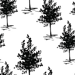 Fototapeta premium Trees sketch background. Seamless vector pattern. Hand painted black trees on a transparent background