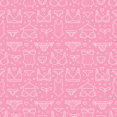 Lingerie seamless pattern with flat line icons of bra types, panties. Woman underwear background, vector illustrations of brassiere, bikini, swimwear. Cute pink white wallpaper for clothes store