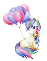  Cute sitting unicorn cartoon with colorful balloons, isolated on white. © rvika