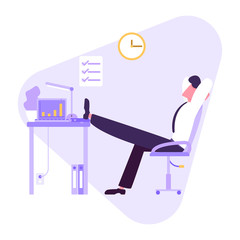 man resting at work, a short break after a long hard work, office worker put his foot on the table,vector image,colorful cartoon character