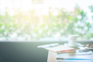 Cup of coffee on table in cafe Window nature