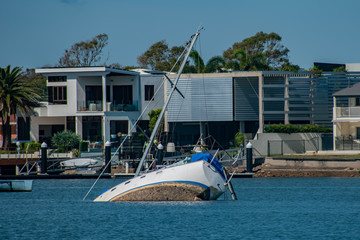 Fototapeta premium A yacht in Mooloolaba suffered during a storm and partially sunk
