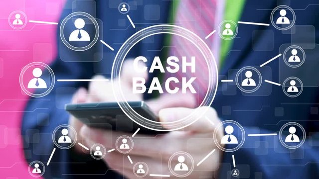 Businessman presses button cash back on phone in network internet virtual interface.