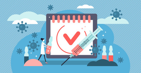 Vaccination vector illustration. Flat tiny virus injection persons concept. - obrazy, fototapety, plakaty