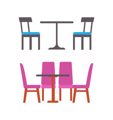 Table and chairs with pink and blue cloth vector. Isolated icons of wooden and plastic furniture for place to eat, bistro or cafe design interior