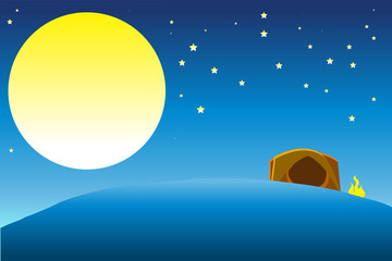 Tent on hill and bonfire with full moon and the stars