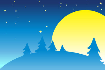 The moon and stars with mountain and forest
