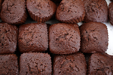Brownie. A stack of chocolate brownies. Brownie cake or muffin. Homemade bakery and dessert. Homemade chocolate fudge brownie