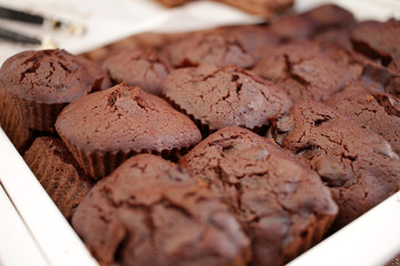 Brownie. A stack of chocolate brownies. Brownie cake or muffin. Homemade bakery and dessert. Homemade chocolate fudge brownie