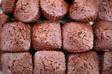 Brownie. A stack of chocolate brownies. Brownie cake or muffin. Homemade bakery and dessert. Homemade chocolate fudge brownie