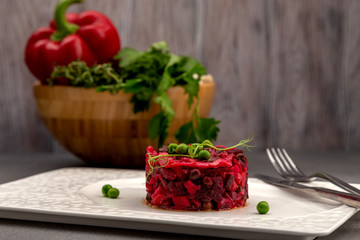 Beet Salad - Vinaigrette. Vegan cuisine. Dietary menu. Top view.