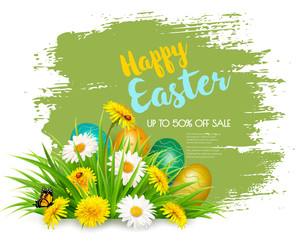 Easter Sale Background with colofrul eggs in green grass and spring flowers. Vector.