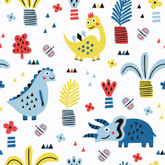 Dinosaur seamless pattern with plant elements. Vector illustration. Baby cloth design, wallpaper, wrapping.