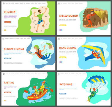 Skydiving and speleotourism vector, activities of people, summer rafting and wall climbing, bungee jumping woman and hang gliding, paragliding set. Website or webpage template, landing page flat style