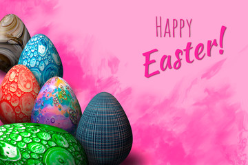 Happy Easter, paschal greeting card with 3D trendy colorful easter eggs against pink background