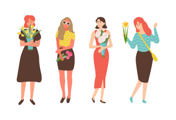 Females with flowers isolated cartoon characters. Vector women celebration international holiday for girls, 8 March concept. People with bouquets