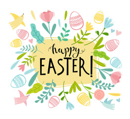Naklejka premium Happy Easter card with decorative eggs and flowers frame. Hand drawn lettering