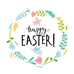 Fototapeta na wymiar Happy Easter card with decorative flowers frame with birds. Hand drawn lettering