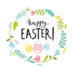 Happy Easter card with decorative eggs and flowers frame. Hand drawn lettering