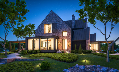 3d rendering of modern cozy clinker house on the ponds with garage and pool for sale or rent with beautiful landscaping on background. Clear summer night with many stars on the sky.