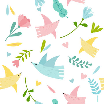 Seamless pattern with cute decorative birds and flowers