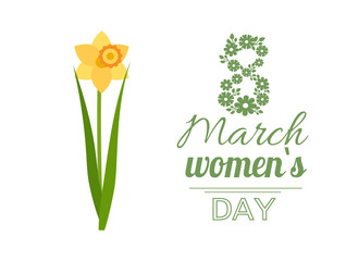 Womens international day, greeting card decorated by flowers, 8 March lettering. Yellow daffodil, spring holiday for ladies vector postcard with blossom