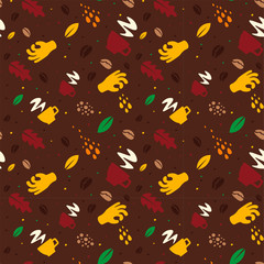 Coffee seamless pattern. Cup, hand, leaf coffee beans on brown background.