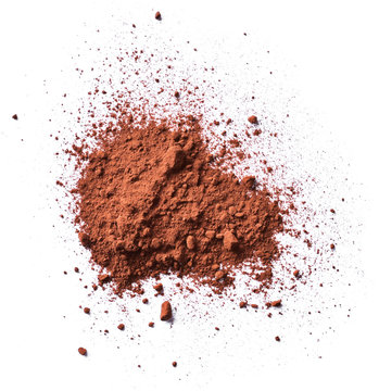 Cocoa or coffee powder, isolated on white background. Cocoa splash, top view or high angle shot.
