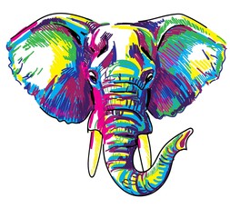 The head of an African elephant. Elephant with a raised trunk. Drawing markers, pop art. Stylish poster.