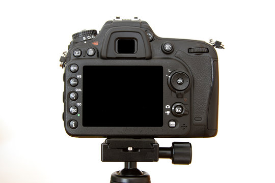 DSLR camera back with black screen and white background