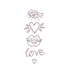 Vector illustration of eye, heart, lips, kiss and inscription Love. Careless graphics vector logo. Line art contour illustration of dreamers.