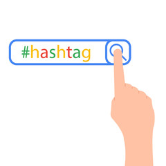 The word hashtag entered into the search, a person presses the index finger to search the Internet, vector illustration in flat style.