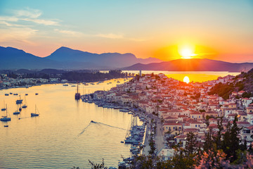 Sunset on Poros island in Aegean sea, Greece