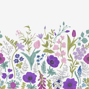 Spring magic. Seamless border. Blue and purple flowers. Vector vintage illustration.
