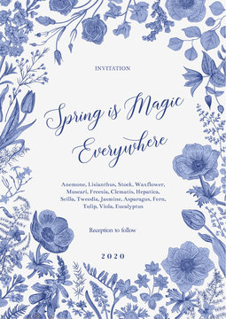 Spring magic. Invitation. Vector vintage illustration. Blue and white. Toile de Jouy