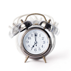 Retro alarm clock with bell, twin, showing seven o'clock - obrazy, fototapety, plakaty