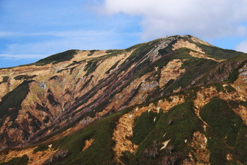 Fototapeta na wymiar 東北飯豊連峰　飯豊山頂のへの道　疣岩山稜線から飯豊山山頂を望む