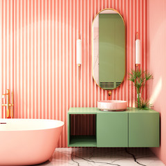 Modernes Badezimmer-Innendesign, korallenrotes Wohntrenddesign 2019, 3D-Rendering, 3D-Illustration © TATTA