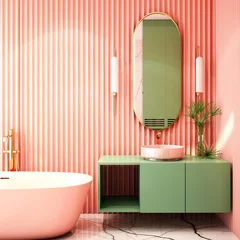 Modernes Badezimmer-Innendesign, korallenrotes Wohntrenddesign 2019, 3D-Rendering, 3D-Illustration © TATTA