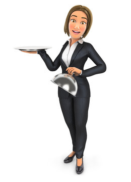 3d Business Woman Holding Empty Restaurant Cloche