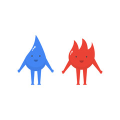 Water and fire are cute characters in a flat style.