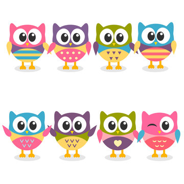 Cute colorful cartoon owls collection on white background