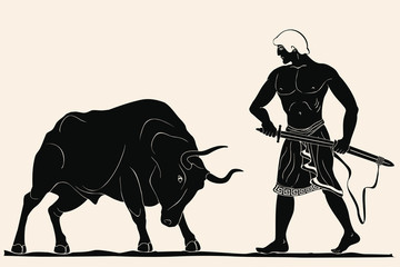 Ancient Greek warrior with a sword in his hands is ready to attack and a big bull with horns. Vector illustration isolated on beige background.