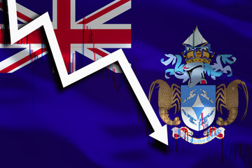 White arrow and stocks fall down on the background of the waving flag of Tristan da Cunha