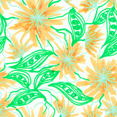 Fototapeta na wymiar orange flowers with abstract light green leaves painted on a light color