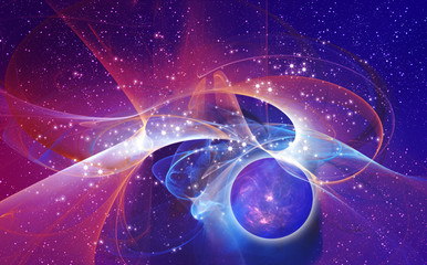 Abstract purple fantasy space background. Bright beautiful illustration with dark night sky and space in blue and purple color. Fractal art design.